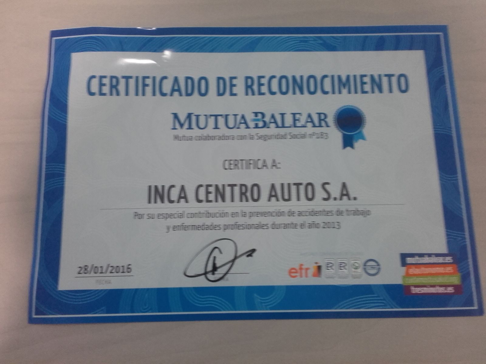 Mutua Balear otorga su Certificado de Reconocimiento a Inca Centro Auto Mutua Balear otorga su Certificado de Reconocimiento a Inca Centro Auto