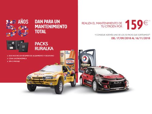 Haz el mantenimiento de tu Citroën por 159 EUROS y ¡ llévate uno de los 50 Packs que sorteamos ! Haz el mantenimiento de tu Citroën por 159 EUROS y ¡ llévate uno de los 50 Packs que sorteamos !