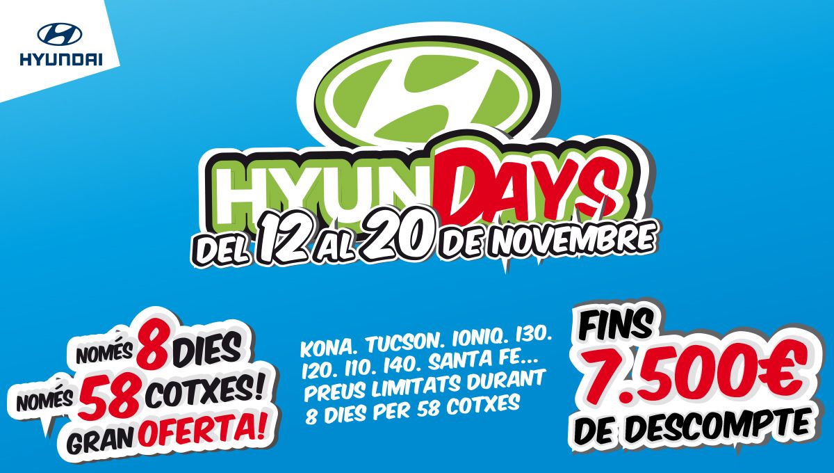 Este noviembre, vuelven los "HyunDAYS". Del 12 al 20 de noviembre, 58 coches con precios de escándalo. Este noviembre, vuelven los "HyunDAYS". Del 12 al 20 de noviembre, 58 coches con precios de escándalo.