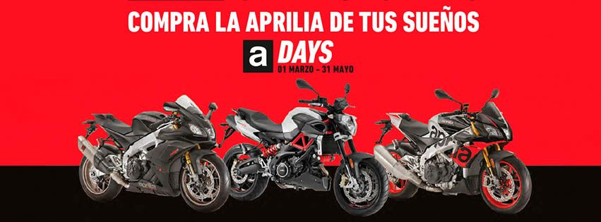Del 1 de marzo al 31 de mayo disfruta de las ventajas de los Aprilia Days. Del 1 de marzo al 31 de mayo disfruta de las ventajas de los Aprilia Days.