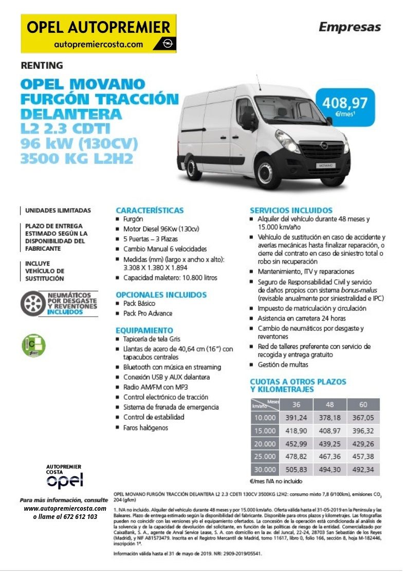Opel Movano con cuota para renting por 408,97 Opel Movano con cuota para renting por 408,97