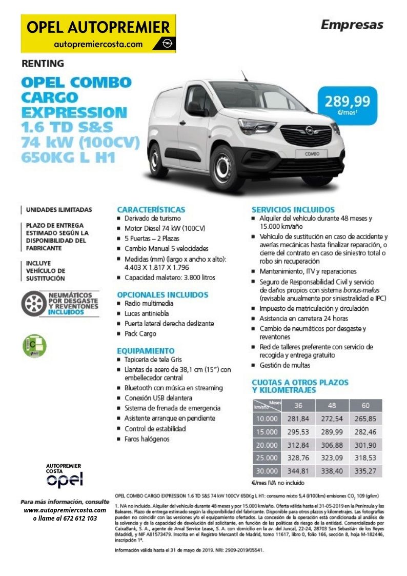 Opel Combo Cargo por 289,99€/mes con el programa Renting para empresas Opel Combo Cargo por 289,99€/mes con el programa Renting para empresas