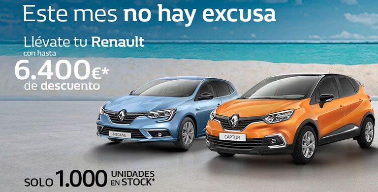 Llévate tu Renault con hasta 6.400€ de descuento (válido 1.000 unidades en stock) Llévate tu Renault con hasta 6.400€ de descuento (válido 1.000 unidades en stock)