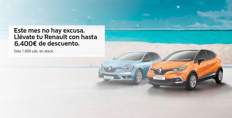 Llévate tu Renault con hasta 6.400€ de descuento (válido 1.000 unidades en stock) Llévate tu Renault con hasta 6.400€ de descuento (válido 1.000 unidades en stock)