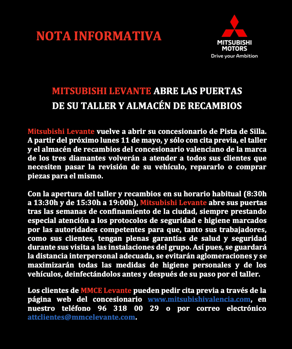 Mitsubishi Levante abre de nuevo las puertas de su taller y almacén de recambios Mitsubishi Levante abre de nuevo las puertas de su taller y almacén de recambios