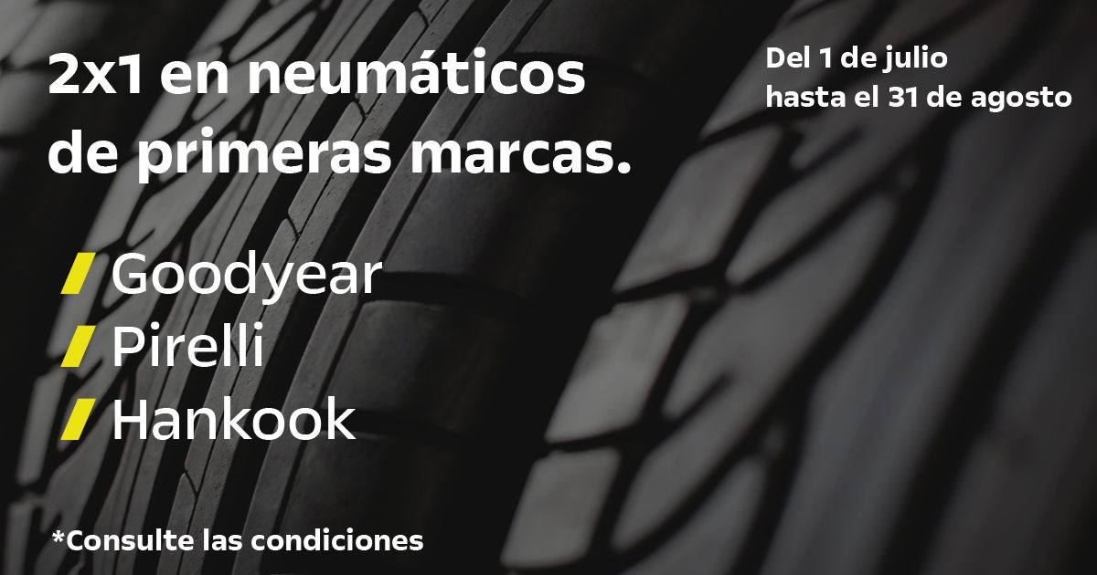 2x1 en neumáticos Goodyear, Pirelli y Hankook. 2x1 en neumáticos Goodyear, Pirelli y Hankook.